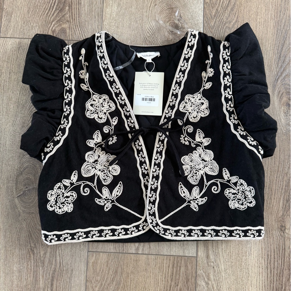 bohme Black Cropped Embroidered Floral Tie-Front Top